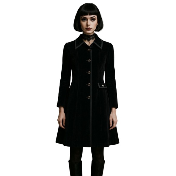 Vintage 60s Modelle Womens‎ S Black Velveteen Pea Coat Chic Gothic Victorian
